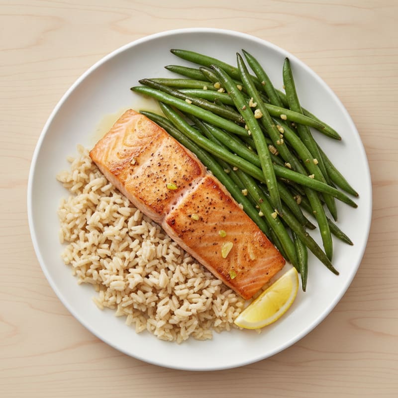 Seared Salmon Fillet with Garlic Green Beans and Brown Rice