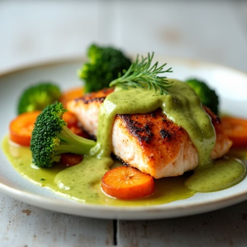 Seared Salmon with Roasted Sweet Potato, Steamed Broccoli, and Avocado Drizzle