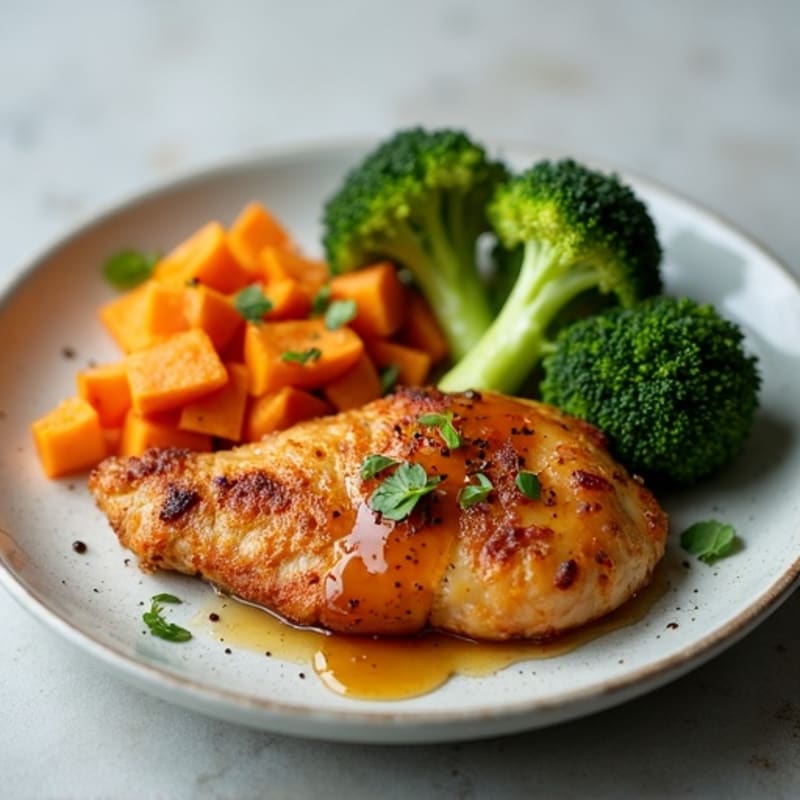 Crispy Honey-Garlic Chicken with Roasted Broccoli and Sweet Potato