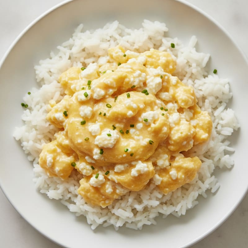 Creamy Scrambled Eggs with Silky Cottage Cheese and Steamed White Rice