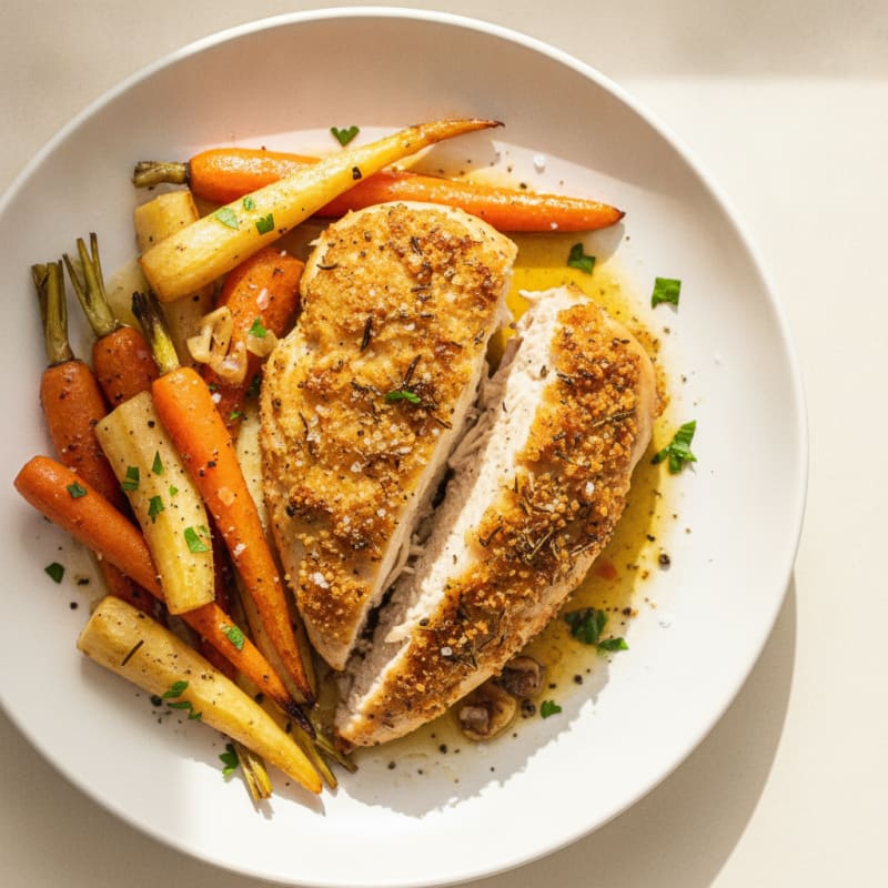 Roasted Root Vegetables with Herb-Crusted Chicken