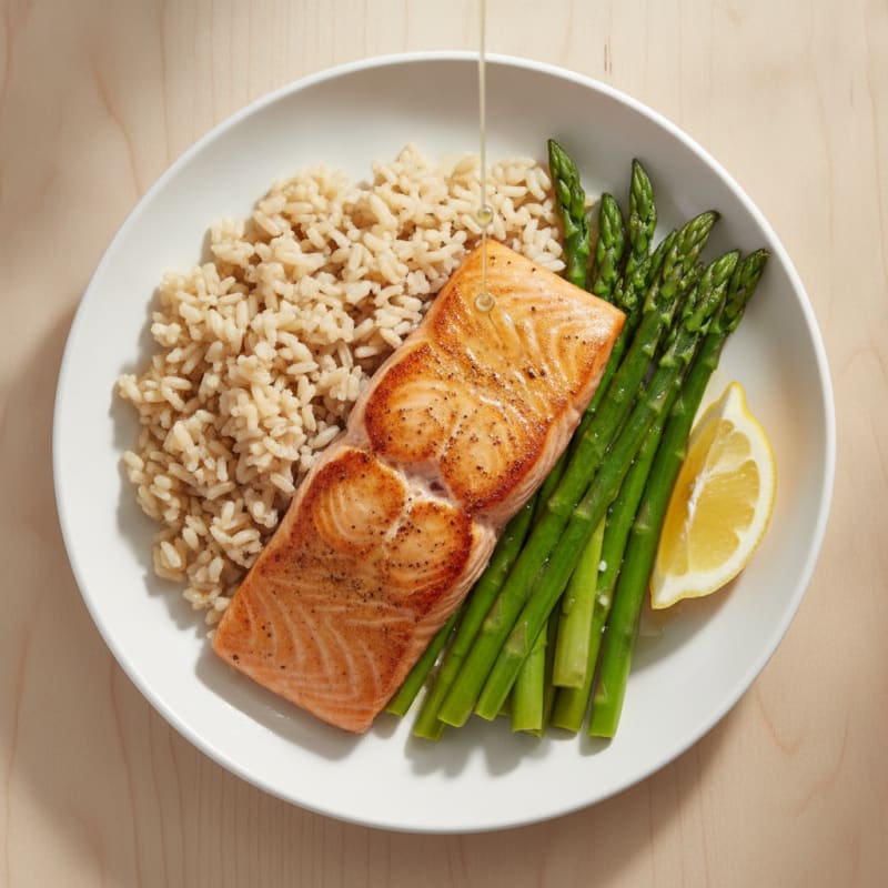 Seared Salmon Fillet with Steamed Asparagus and Brown Rice