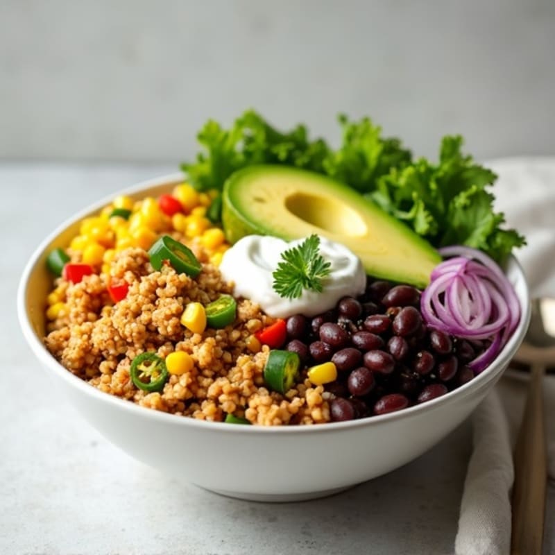 Lean Ground Chicken and Black Bean Bowl with Fresh Corn Salsa and Creamy Avocado Dressing