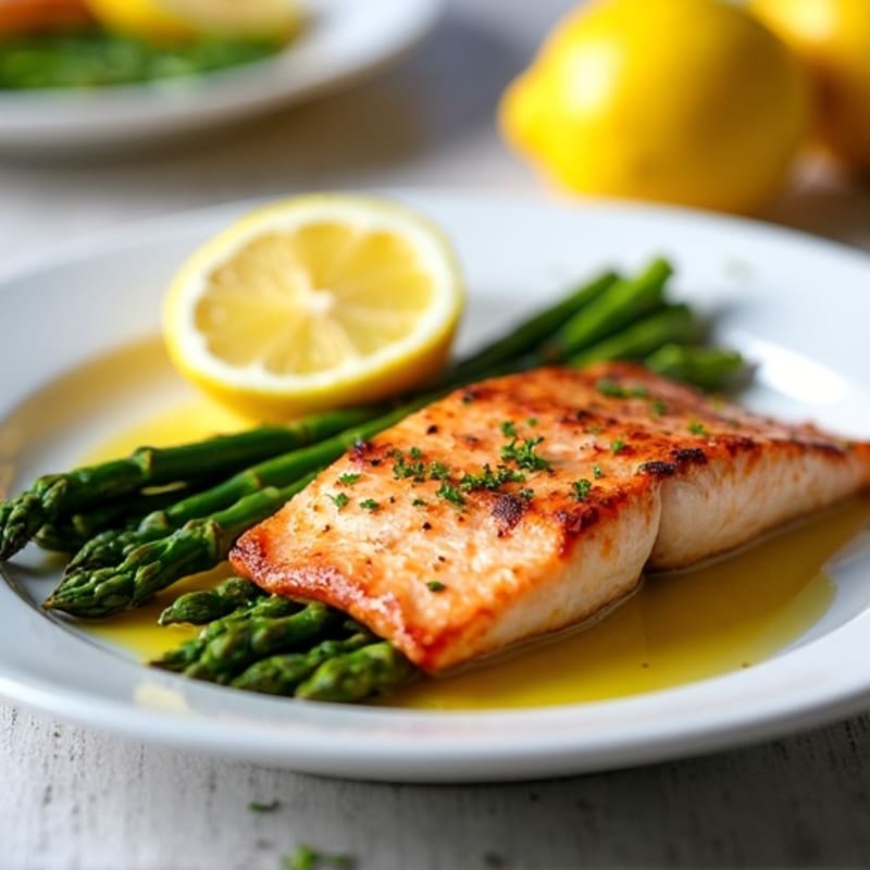 Seared Salmon Fillet with Roasted Asparagus and Lemon