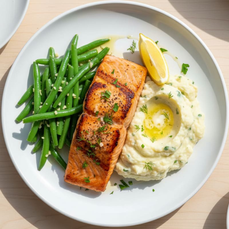 Seared Salmon Fillet with Steamed Green Beans and Herb Mashed Cauliflower