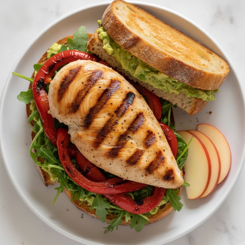 Grilled Chicken Breast Sandwich with Roasted Red Pepper and Leafy Greens
