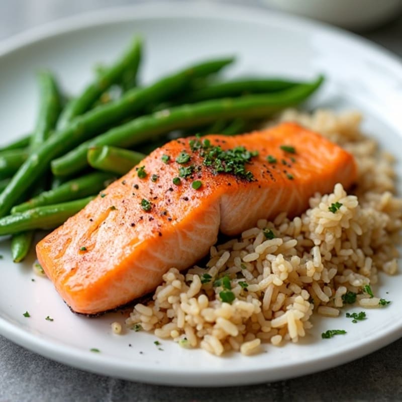 Seared Salmon with Garlic Green Beans and Brown Rice