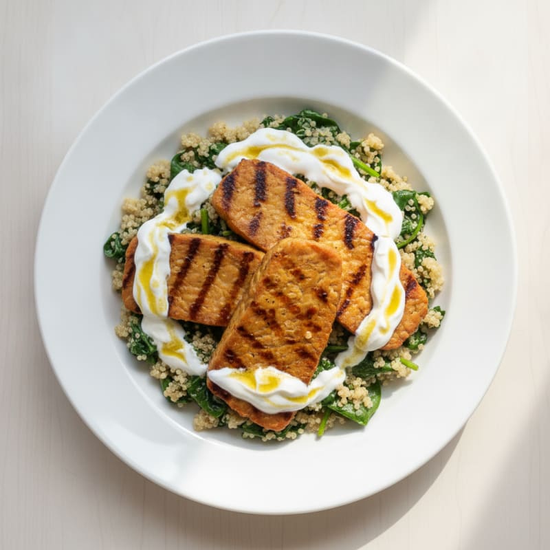 Grilled Tempeh Steaks with Creamy Quinoa and Spinach