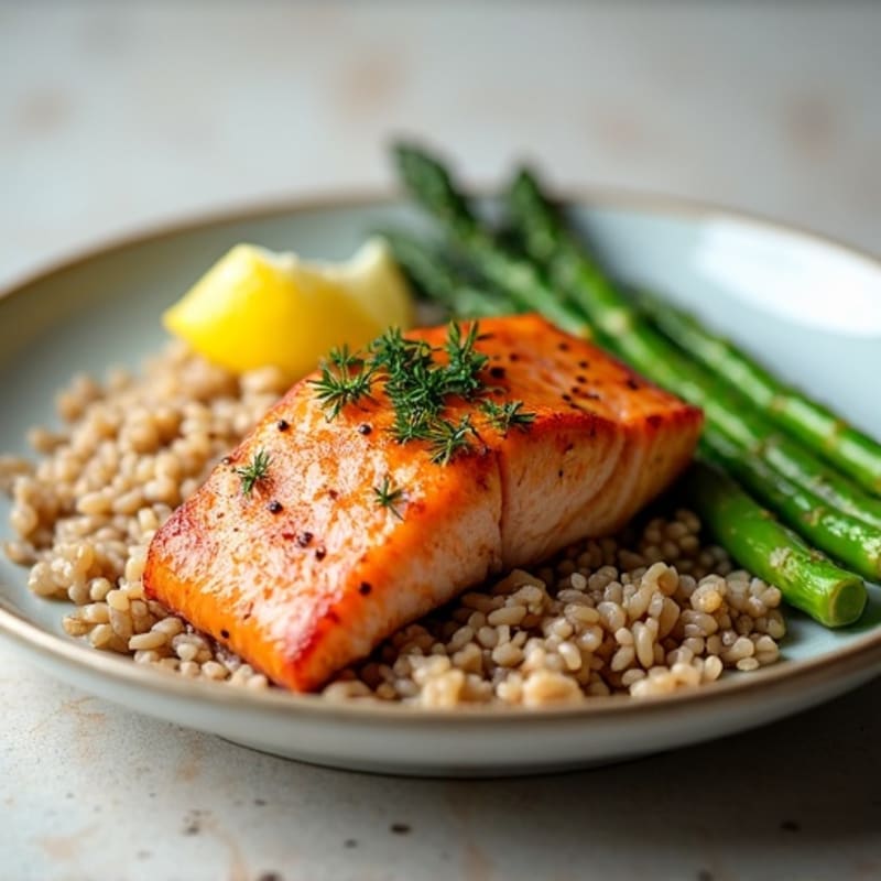 Seared Salmon with Steamed Asparagus and Brown Rice