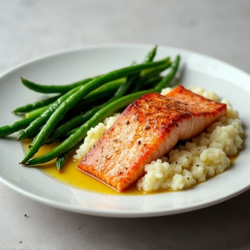 Seared Salmon with Steamed Green Beans and Garlic Mashed Cauliflower
