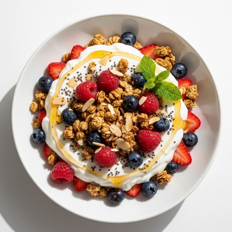Greek Yogurt Parfait with Mixed Berries and Crunchy Almond Granola