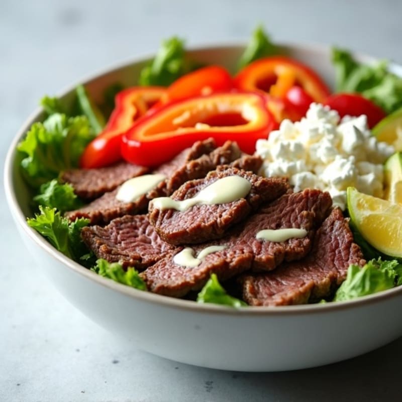 Shaved Steak and Sautéed Bell Pepper Bowl with Creamy Cheese Drizzle