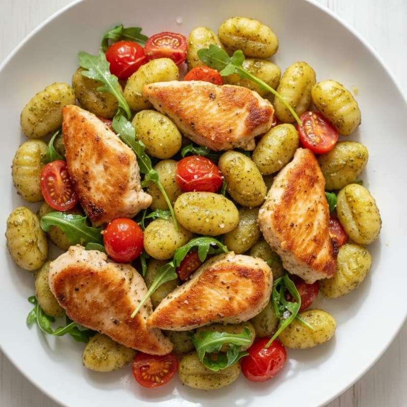 Gnocchi with Arugula Pesto and Cherry Tomatoes