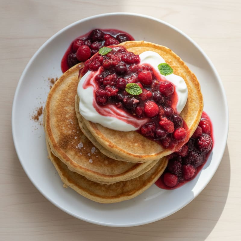 Fluffy Buttermilk-Style Protein Pancakes with Berry Compote