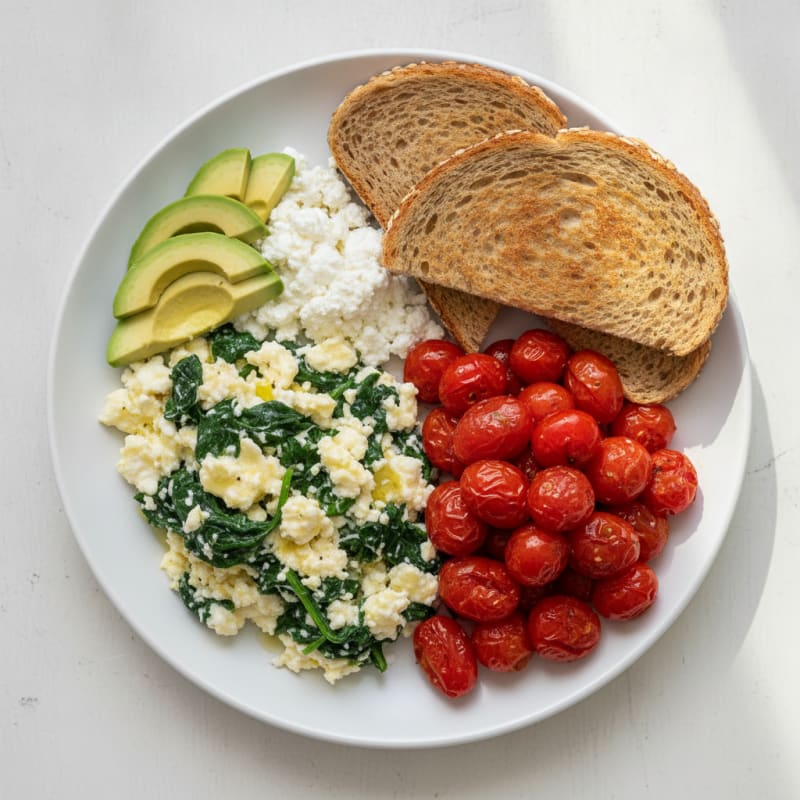 Egg White Spinach Scramble with Cottage Cheese and Cherry Tomatoes