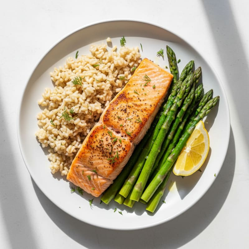Seared Salmon Fillet with Steamed Asparagus and Brown Rice