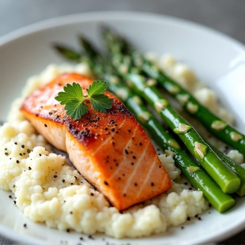 Seared Salmon Fillet with Steamed Asparagus and Cauliflower Mash