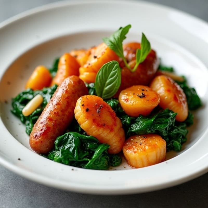 Crispy Sweet Potato Gnocchi with Chicken Sausage and Wilted Spinach