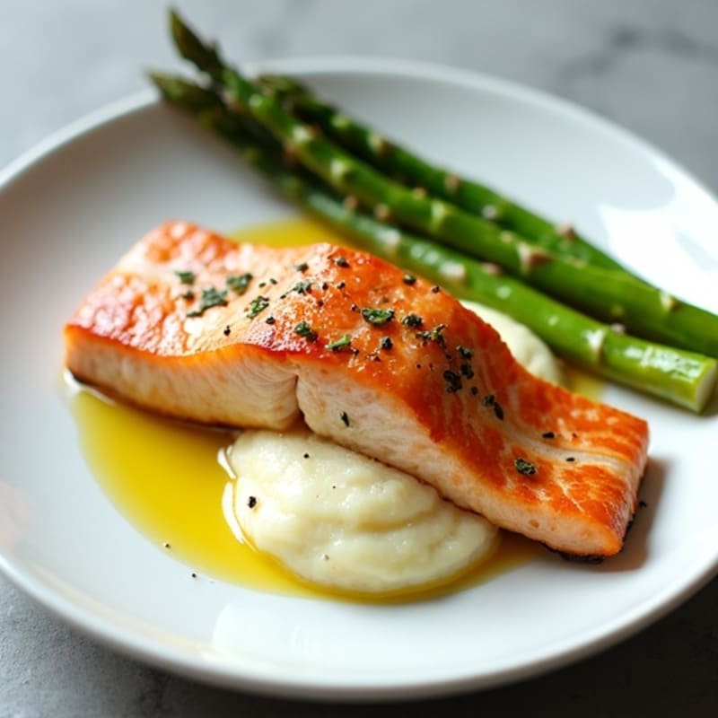Seared Salmon Fillet with Steamed Asparagus and Cauliflower Mash