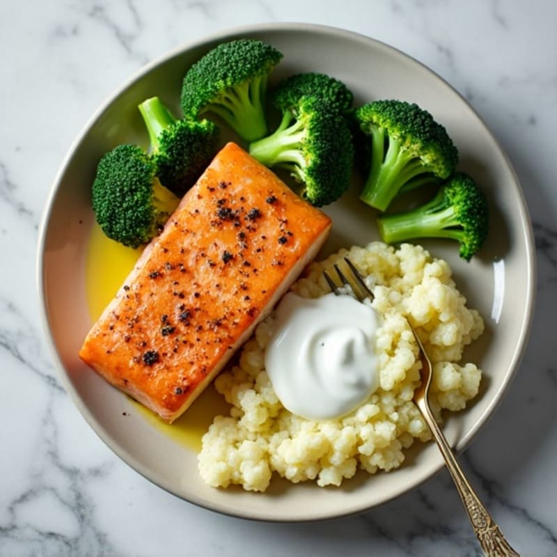 Pan-Seared Salmon with Steamed Broccoli and Garlic Mashed Cauliflower