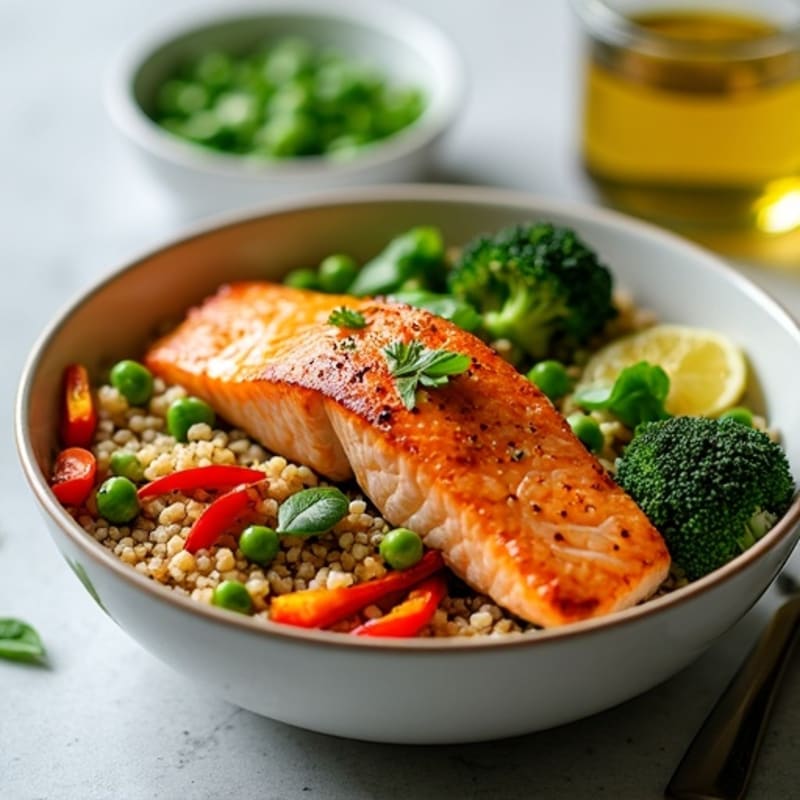 Fresh Seared Salmon Power Bowl with Crispy Vegetables