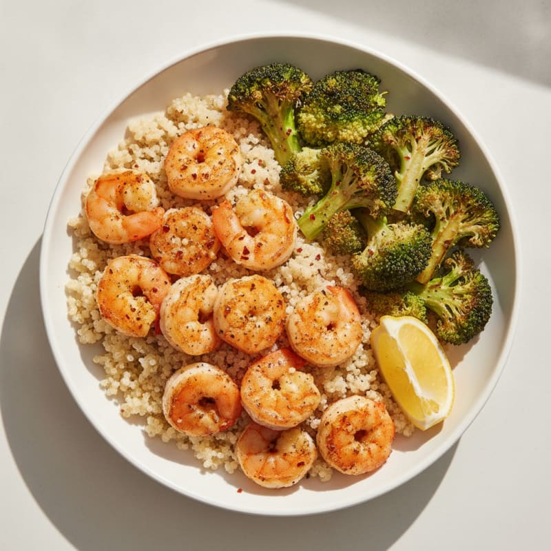 Seared Shrimp and Quinoa Bowl with Roasted Broccoli