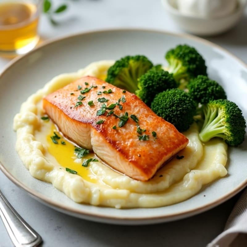 Seared Salmon with Roasted Broccoli and Garlic Mash