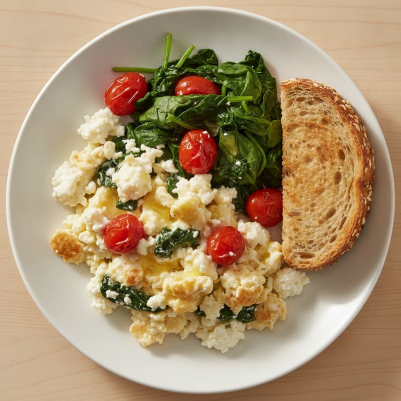 Cottage Cheese Egg Scramble with Sautéed Spinach and Cherry Tomatoes