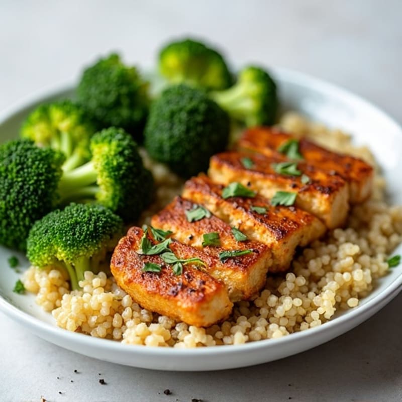 Herb-Roasted Tempeh with Steamed Broccoli and Quinoa