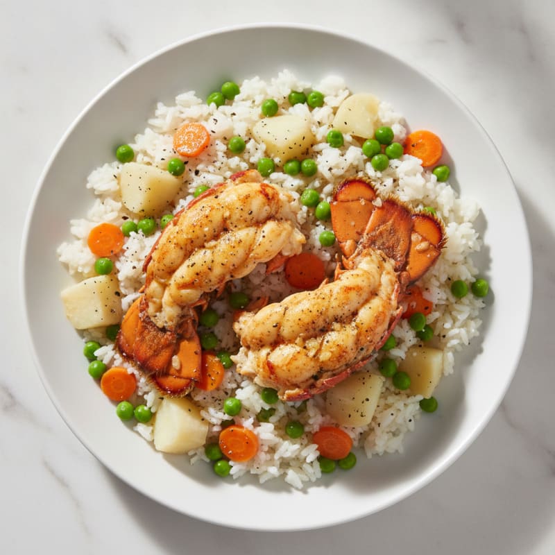Roasted Lobster Tail with Sweet Potatoes and Peas