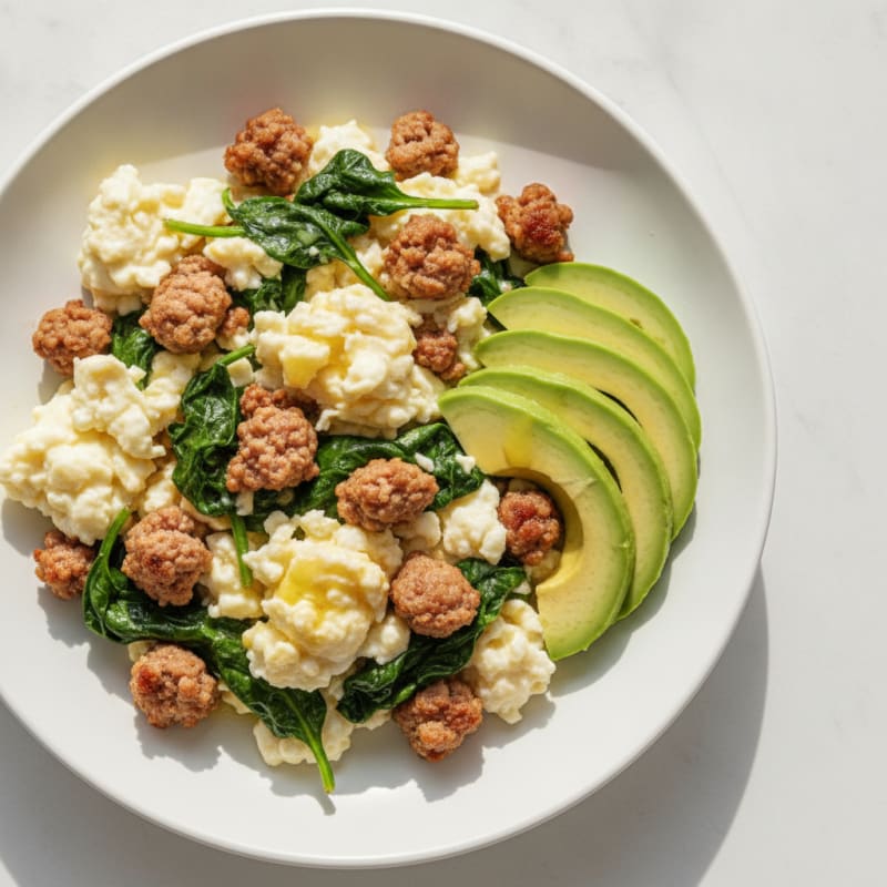 Egg White Scramble with Turkey Sausage and Sautéed Spinach
