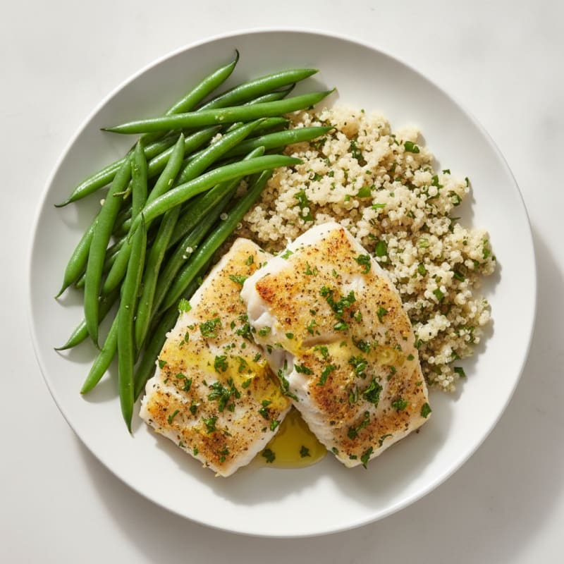Herb-Baked Cod with Steamed Green Beans and Quinoa