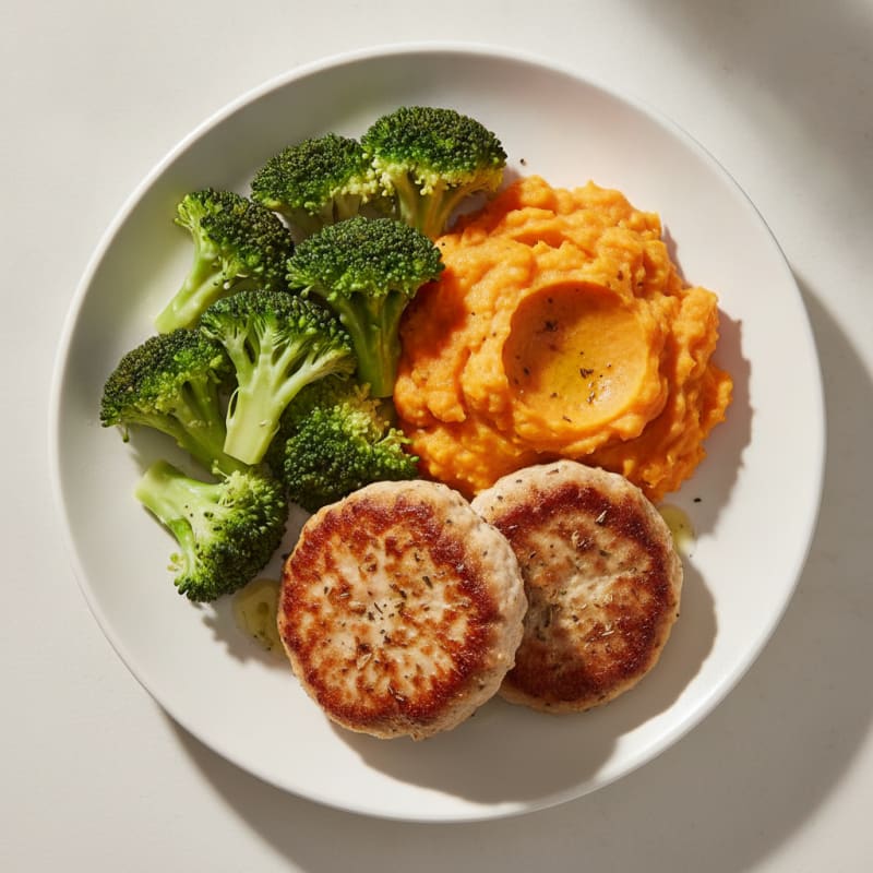 Seared Turkey Patties with Steamed Broccoli and Sweet Potato Mash