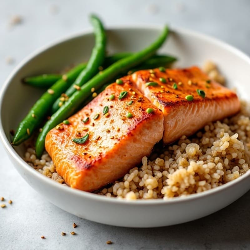 Seared Salmon Fillet with Garlic Green Beans and Brown Rice