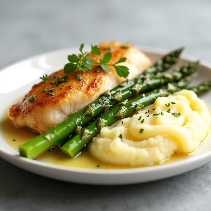 Garlic Butter Chicken with Creamy Mashed Potatoes and Roasted Asparagus