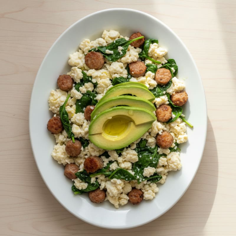 Egg White Scramble with Turkey Sausage and Sautéed Spinach