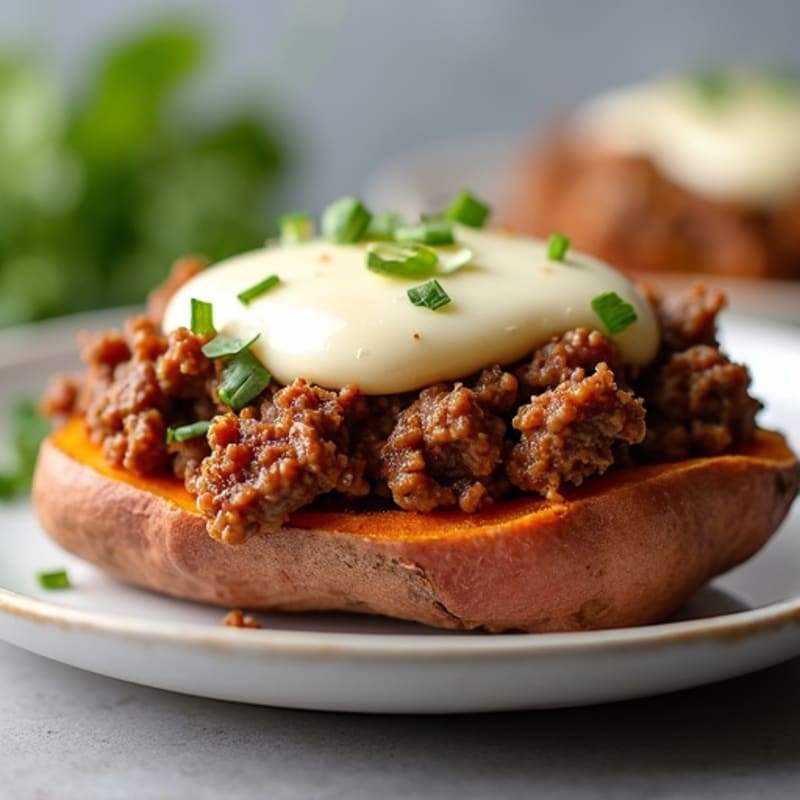 Sweet Potato Loaded with Savory Ground Beef and Melted Mozzarella