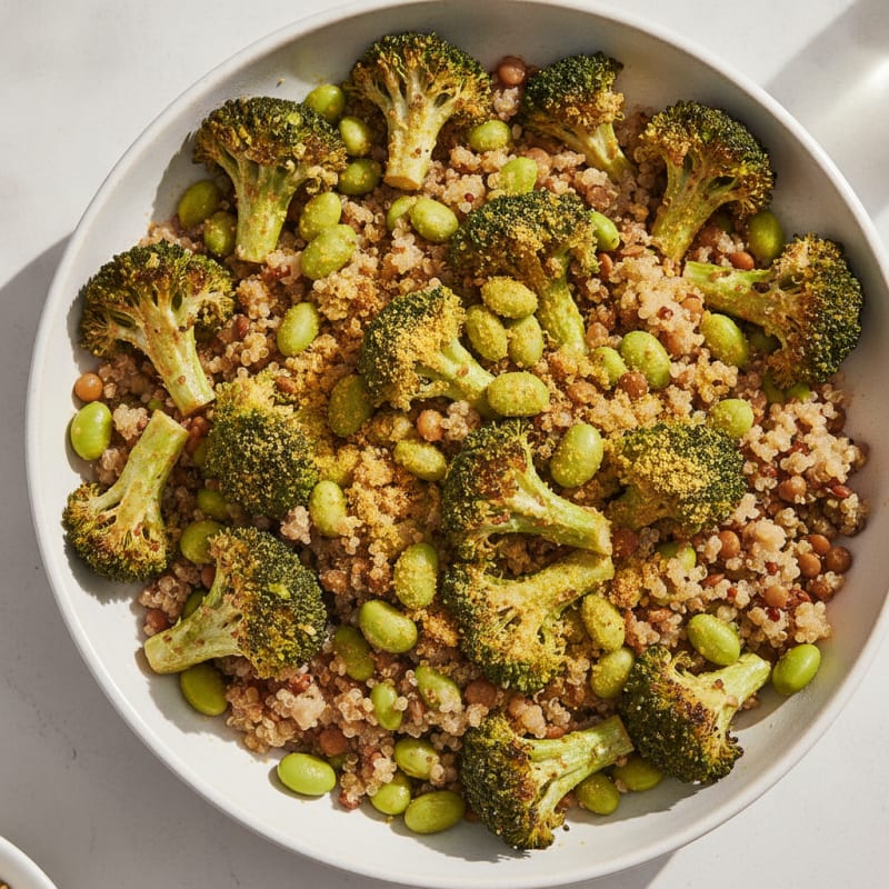 Crispy Lentil and Quinoa Power Bowl with Edamame and Roasted Broccoli