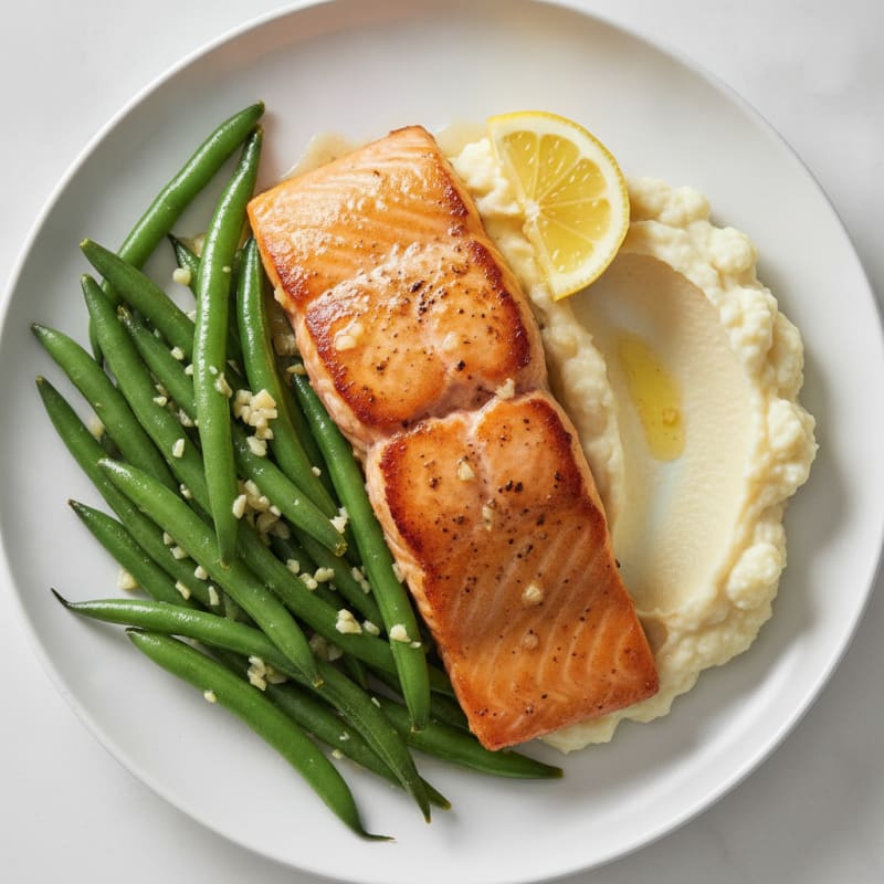 Seared Salmon Fillet with Garlic Green Beans and Cauliflower Mash
