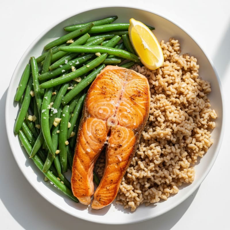 Seared Salmon with Garlic Green Beans and Brown Rice