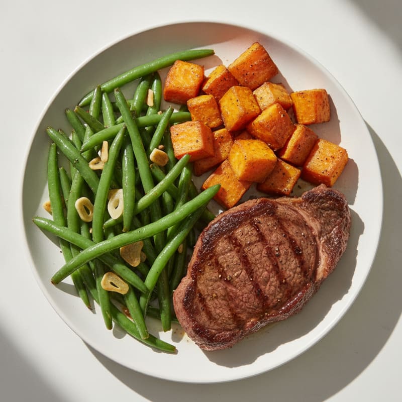 Seared Steak with Garlic Green Beans and Roasted Sweet Potato