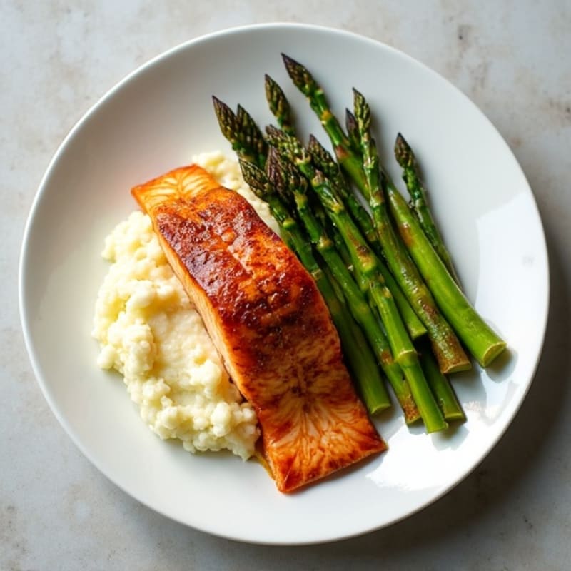 Crispy Miso-Glazed Salmon with Roasted Asparagus and Creamy Cauliflower Mash