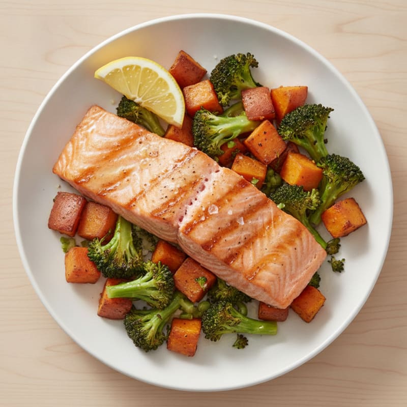 Seared Salmon with Roasted Sweet Potatoes and Broccoli