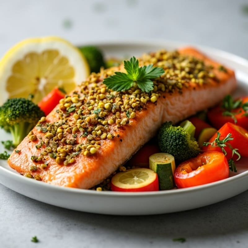 Crispy Pistachio-Crusted Salmon with Lemon-Herb Roasted Vegetables