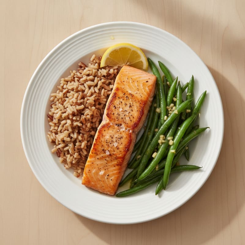 Seared Salmon Fillet with Garlic Green Beans and Brown Rice