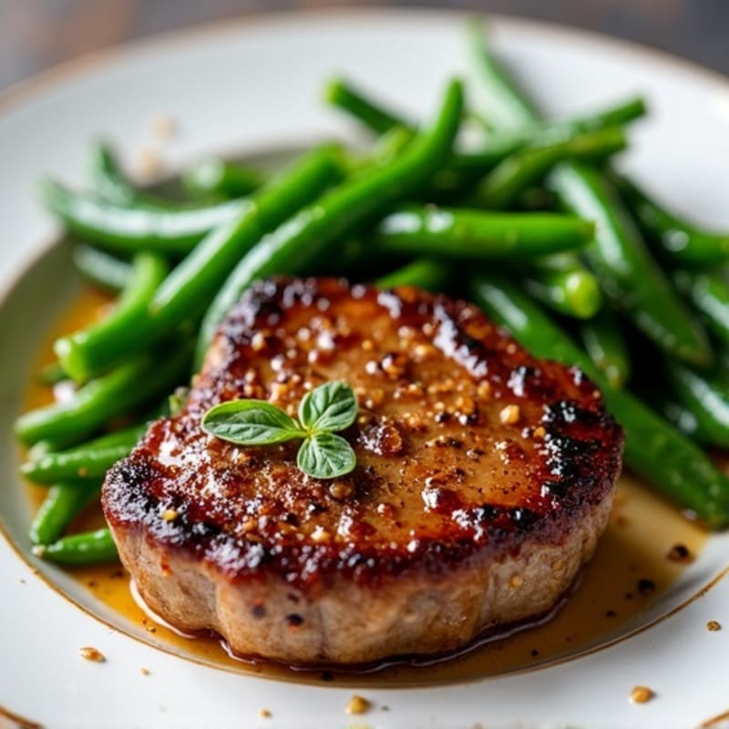 Pan-Seared Crispy Angus Beef with Garlic Green Beans