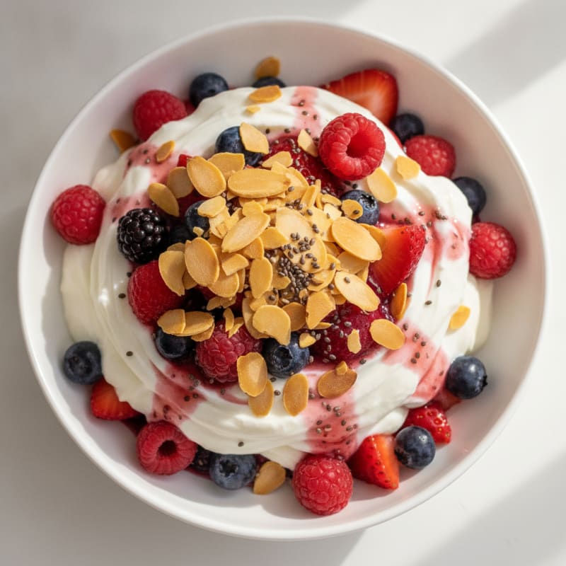 Greek Yogurt Protein Parfait with Mixed Berries and Almonds