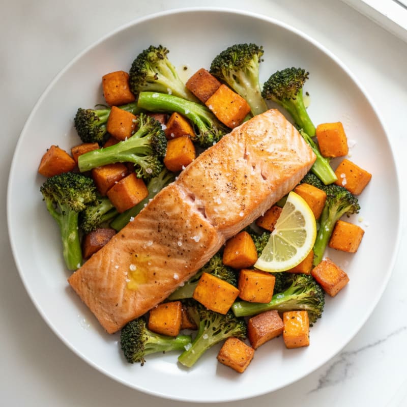 Seared Salmon Fillet with Roasted Broccoli and Sweet Potato