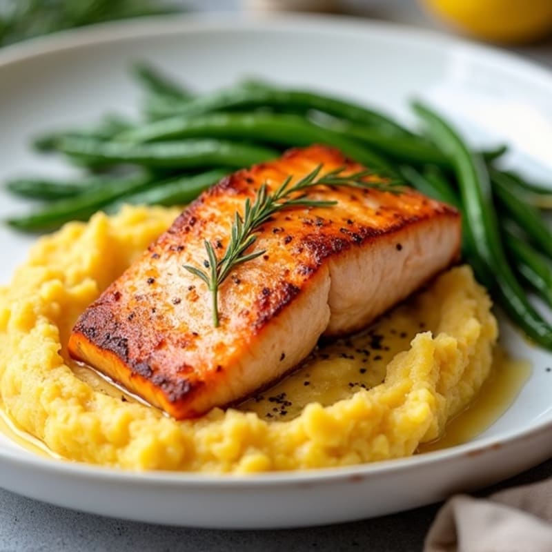 Seared Salmon with Garlic Green Beans and Mashed Sweet Potato
