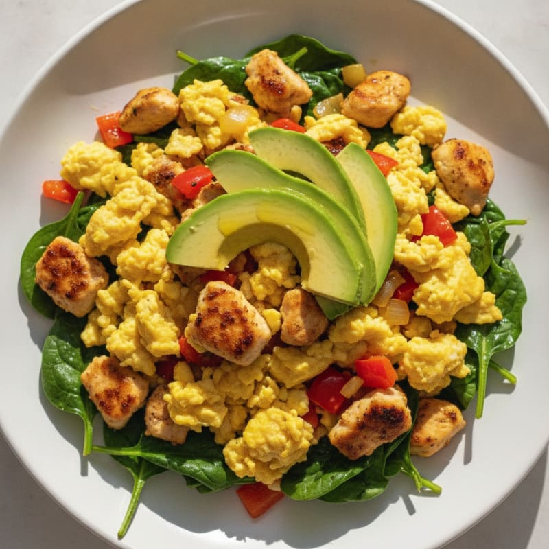 Egg and Chicken Veggie Scramble with Sautéed Spinach